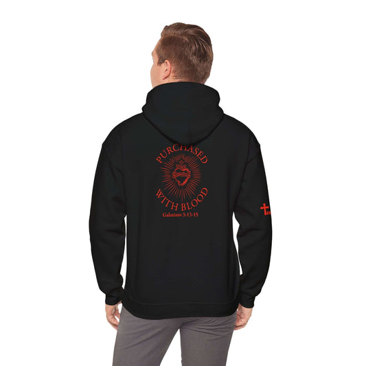 Limited Edition - Short Time only - Red on Black, 'Purchased with Blood' Inspirational Biblical Design - High Quality Fleece Hoodie